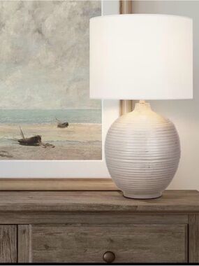 Hampton Bay Finch 22 in. Distressed White Ribbed Table Lamp